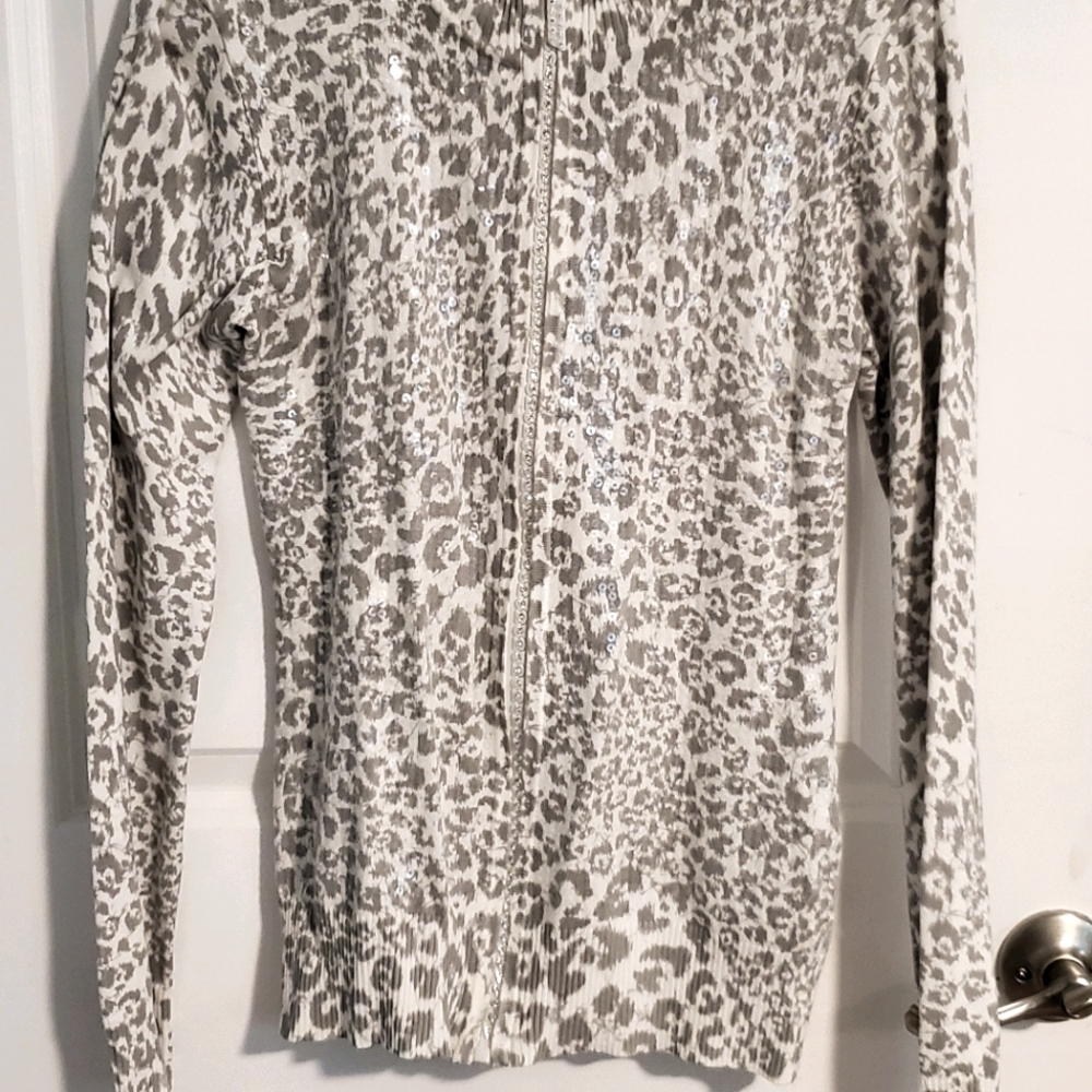 Grey and White Leopard Print Sequin Sweater